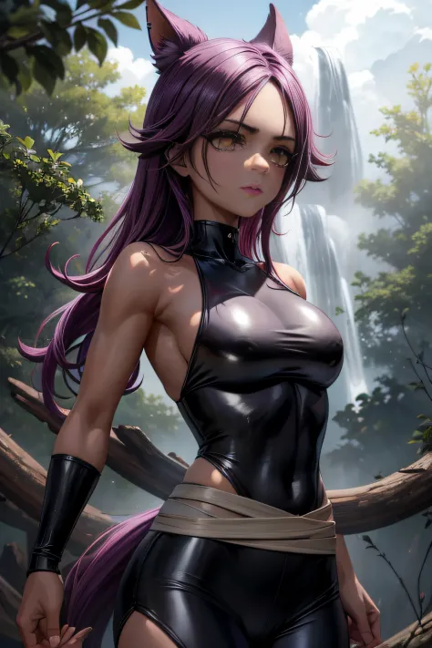 La mejor calidad, ojos expresivos, Cara perfecta, Front view, shihouin yoruichi (Blanquear), dark skin, ((Leotardo negro)), guan...