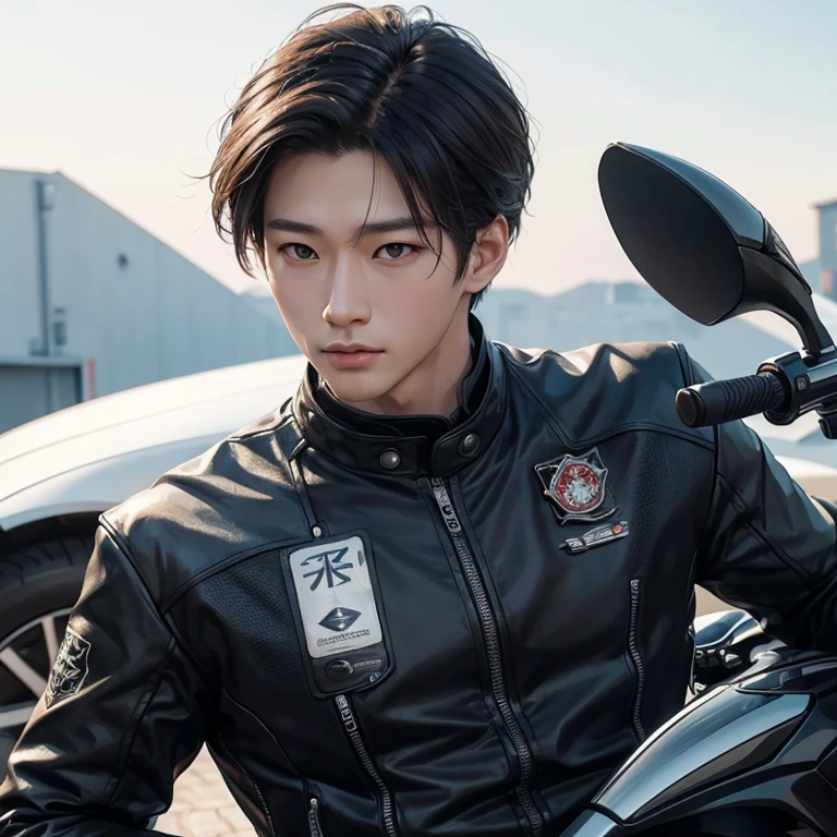 (Гиперреализм:1.1),(Деталь:1.2)8К, красивый корейский мальчик, реалистичное лицо, деталь лица, 8К, Гиперреалистичный,мотоциклы