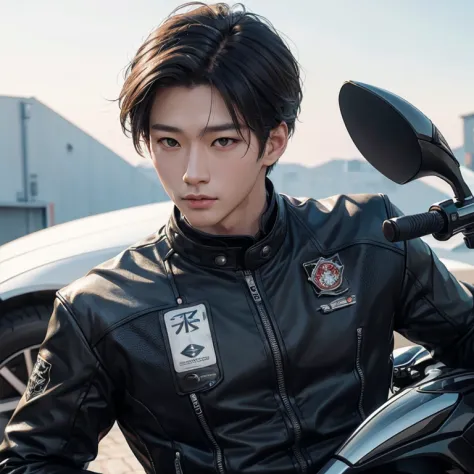 (Hyper-Realism:1.1),(detail:1.2)8K, handsome korean boy, Realistic face, Detail Face, 8K, A hyper-realistic,motor bikes