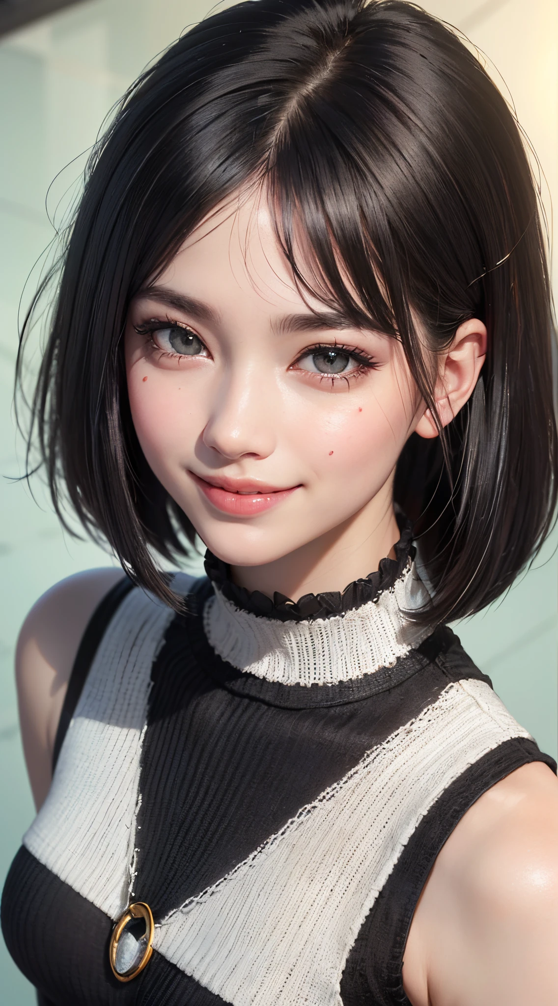 (UHD, retina, masterpiece, ccurate, anatomically correct, textured skin, super detail, high details, high quality, best quality, highres, 1080P, HD, 4K, 8k, 16k), (beautiful detailed eyes, beautiful detailed lips, extremely detailed eyes and face), studio lighting, physically-based rendering, vivid colorig tits, super big tits, super extra big tits, glamorous body), (white turtleneck knit), (portrait, shiny hair, shiny skin), (bokeh), (from flont, from above:1.37), (bob cut, asymmetrical hair, eye reflection:1.5), jet black hair, large eyes with a characteristic long cut, pink lips, (rosy cheeks, a charming smile that captivates the onlookers, european face, jet black eyes, looking at the camera:1.5),