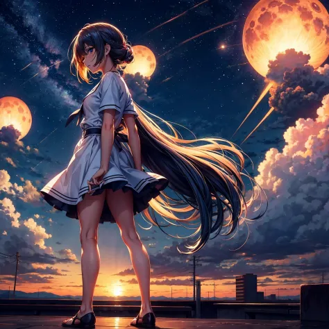 Anime girl standing on rooftop looking at stars and night sky, anime wallpaper 4k, anime wallpaper 4 k, 4k anime wallpaper, Anim...