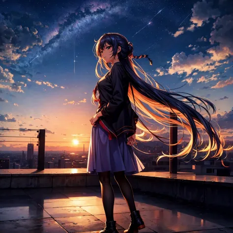 Anime girl standing on rooftop looking at stars and night sky, anime wallpaper 4k, anime wallpaper 4 k, 4k anime wallpaper, Anim...