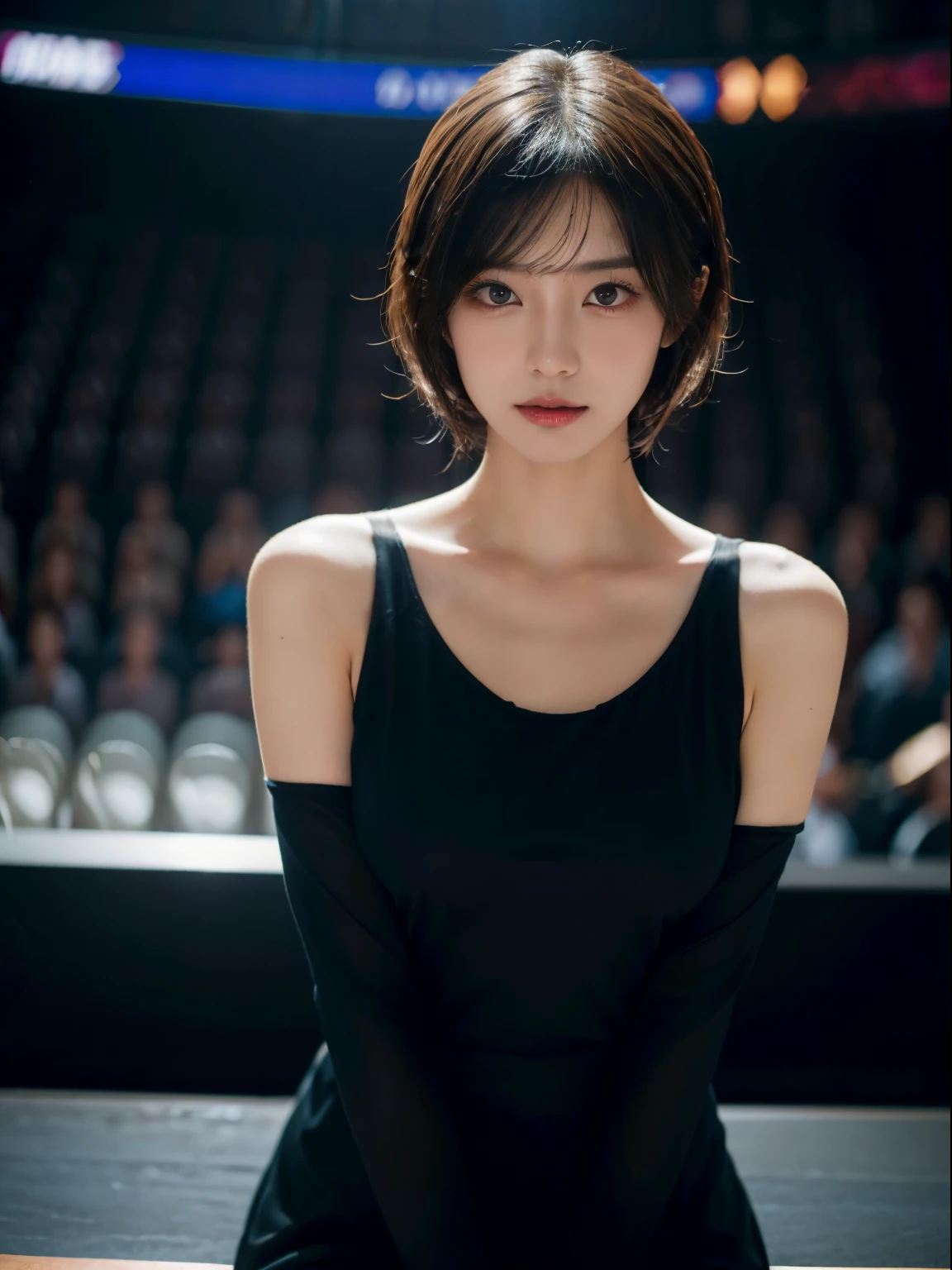 Spotlights on stage、actress in a luxurious dress、top-quality、hyper HD、奈良美智, Japanese Models, Beautiful Japanese wife with short hair, 27-year-old female model, 4 k ], 4K], 27yo, sakimichan, sakimichan