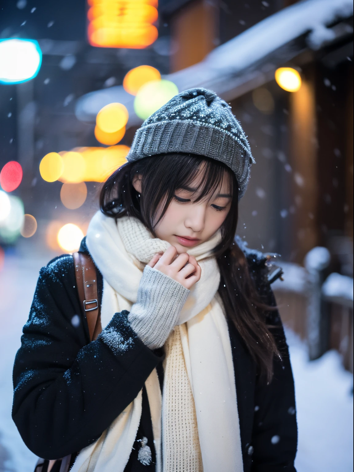While watching the snow falling quietly. Her introspective and tearful expression、Makes you feel longing and melancholy for winter nights。。。。、top-quality、hyper HD、Yoshitomo Nara, Japanese Models, Beautiful Japan wife, With short hair, 27-year-old female model, 4 K ], 4K], 27yo, sakimichan, sakimichan