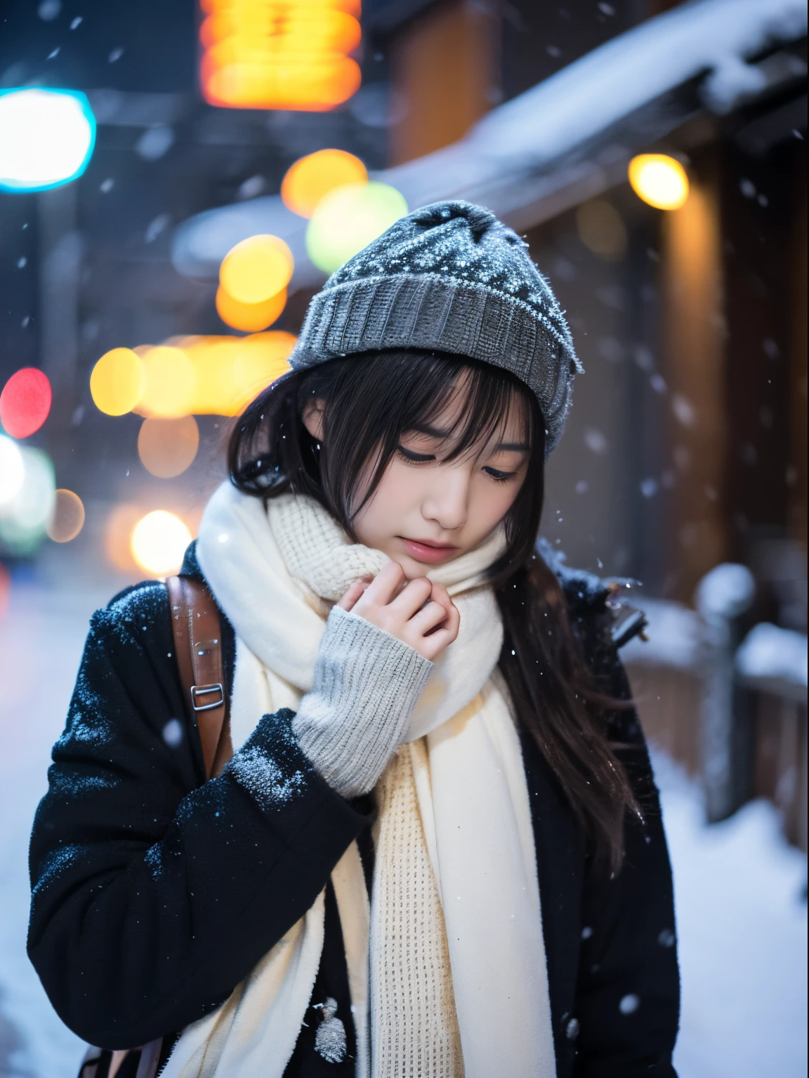 看著雪花靜靜飄落. 她的內省和淚水錶情、让你对冬夜产生向往和惆怅。。。。、頂級品質、超高畫質、奈良美智, 日本型號, 美麗的日本妻子, 短髮, 27歲女模特兒, 4k ], 4k], 27歲, 薩基米昌, 薩基米昌