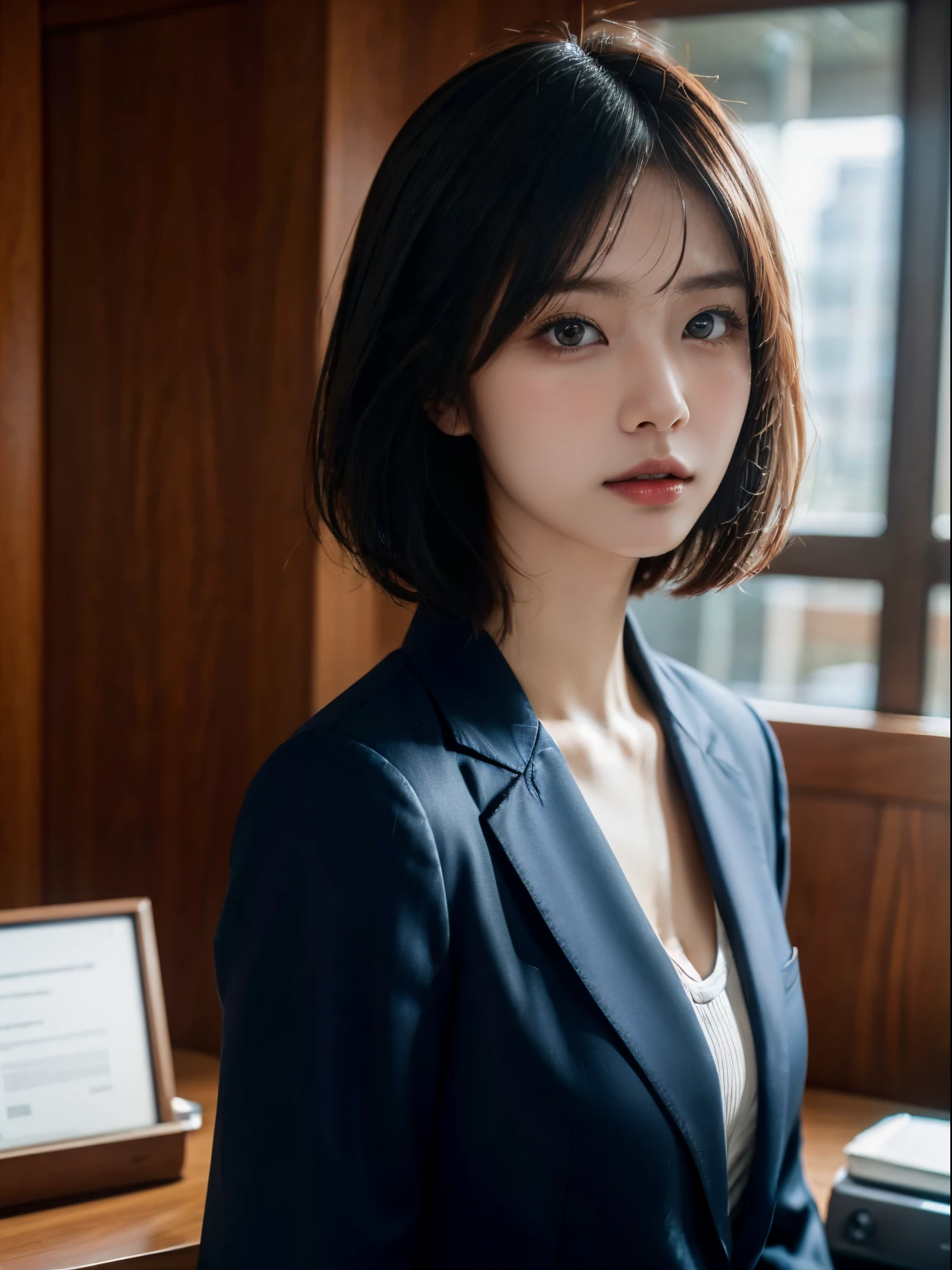 s Office、Portrait of a woman in a business suit, top-quality、hyper HD、Yoshitomo Nara, Japanese Models, Beautiful Japan Girl, With short hair, 27-year-old female model, 4 K ], 4K], 27yo, sakimichan, sakimichan