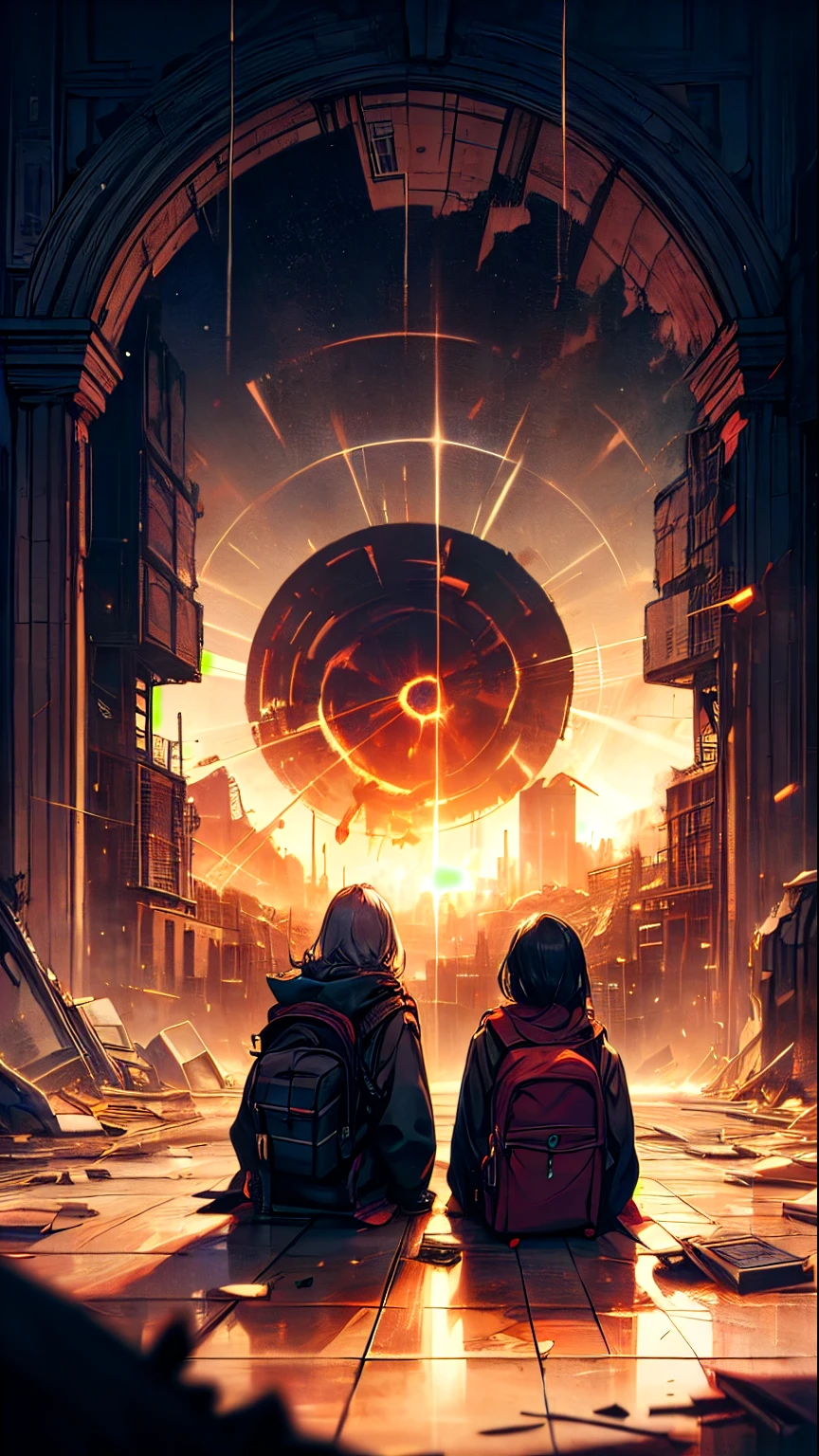 (best quality, highres, ultra-detailed), 2 people lying down, destroyed building, hole in side of building, looking out at landscape, large explosion in background, backpack on ground, damaged building, hauntingly beautiful, surreal, post-apocalyptic, dark color palette, natural lighting