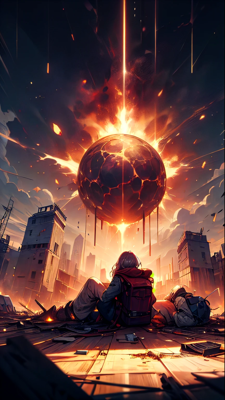 (best quality, highres, ultra-detailed), 2 people lying down, destroyed building, hole in side of building, looking out at landscape, large explosion in background, backpack on ground, damaged building, hauntingly beautiful, surreal, post-apocalyptic, dark color palette, natural lighting