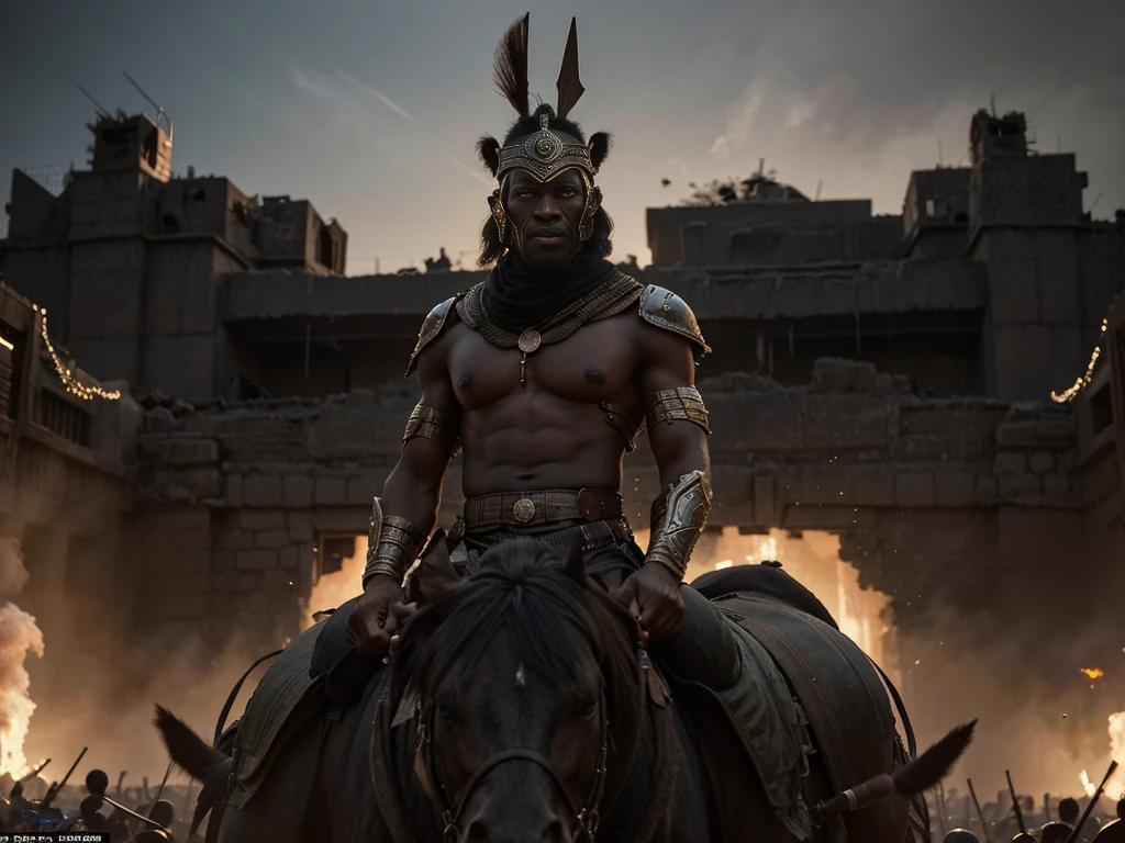 In this intriguing image, we see a huge black war general from a Bantu tribe, his torso covered in battle scars, fierce and determined, positioned on the front line, ready to lead his huge black army into battle against the opposing forces. The general's commanding presence is heightened by the backdrop of newly descending twilight, casting a subtle, ethereal light over the scene. The army of African warriors all in angry African war masks and in attacking stance stand resolutely behind their leader, their postures reflecting their unwavering loyalty and readiness for war. This captivating image, perhaps an intricately detailed painting, shows the intensity and passion of the moment, transporting viewers to a pivotal point in history where the fate of the Kingdom hangs in the balance.