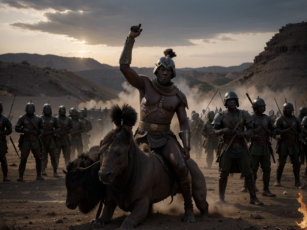 In this intriguing image, we see a huge black war general from a Bantu tribe, his torso covered in battle scars, fierce and determined, positioned on the front line, ready to lead his huge black army into battle against the opposing forces. The general's commanding presence is heightened by the backdrop of newly descending twilight, casting a subtle, ethereal light over the scene. The army of African warriors all in angry African war masks and in attacking stance stand resolutely behind their leader, their postures reflecting their unwavering loyalty and readiness for war. This captivating image, perhaps an intricately detailed painting, shows the intensity and passion of the moment, transporting viewers to a pivotal point in history where the fate of the Kingdom hangs in the balance.
