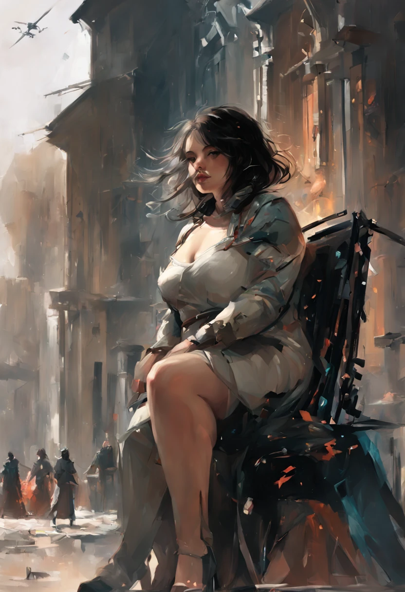 there a woman sitting on a chair in front of a building, plus size woman, beautiful fat woman, attractive plus size model, beautiful black city only, 30 year old woman from Brazil, beautiful curvy woman, plus size, beautiful woman, front view, full body,  clothes, poor clothes, Artstation, very high quality artwork, beautiful artwork, impressive artwork, complete art illustration, art on guweiz style, awesome character art, wojtek fus, alena aenami and artgerm, octane cgsociety, ross tran style, stylized fantasy art, deviantart artstation cgsscosiety, awesome art style