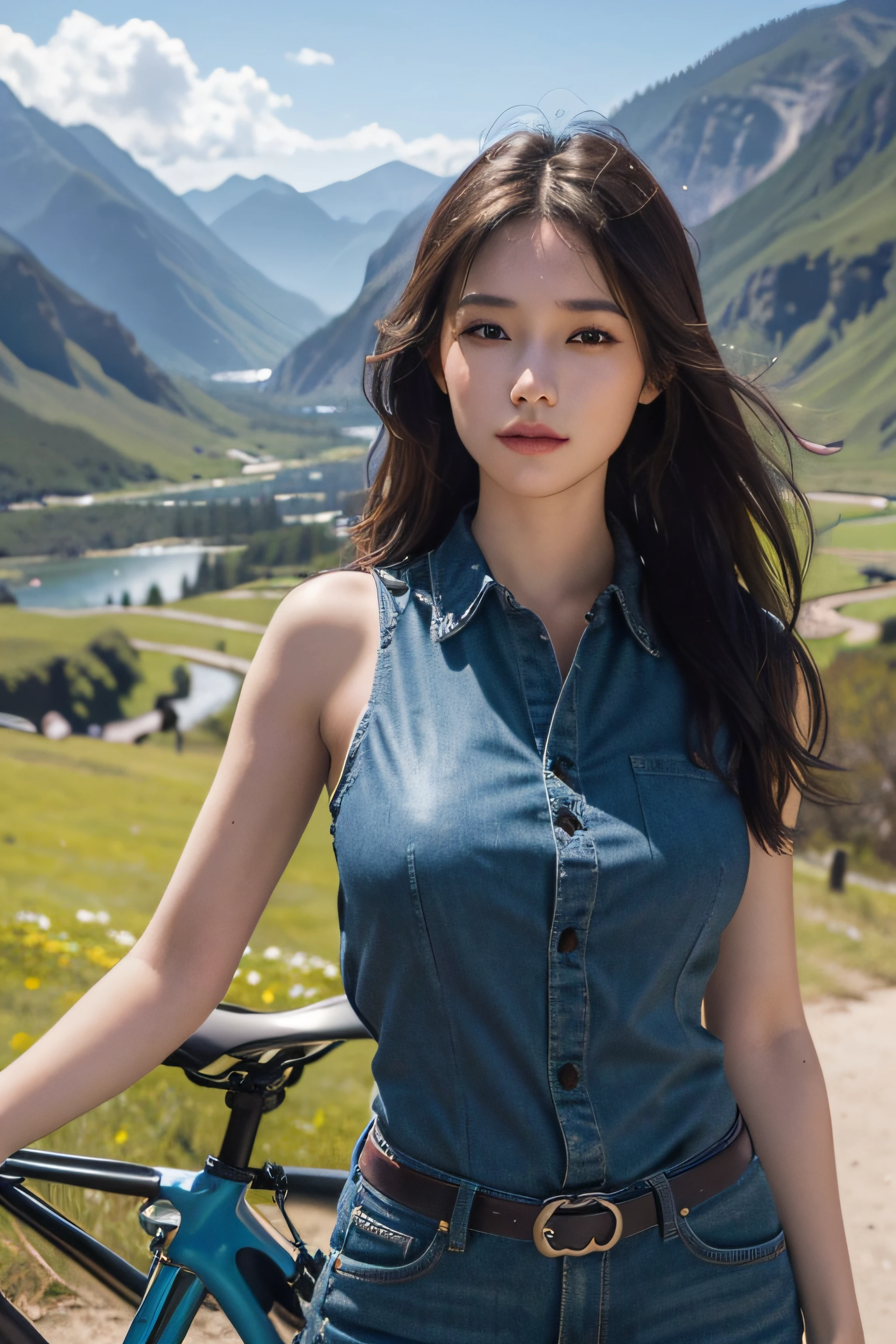 (bestquality,10,10,highres,masterpiece:1.2),ultra-detail,(Realistic,photorealistic portrait,photo-realistic:1.37),beautiful girl,Wear form-fitting clothes.,Posing with her favorite mountain bike,The backdrop is a beautiful blue sky and rolling hills.