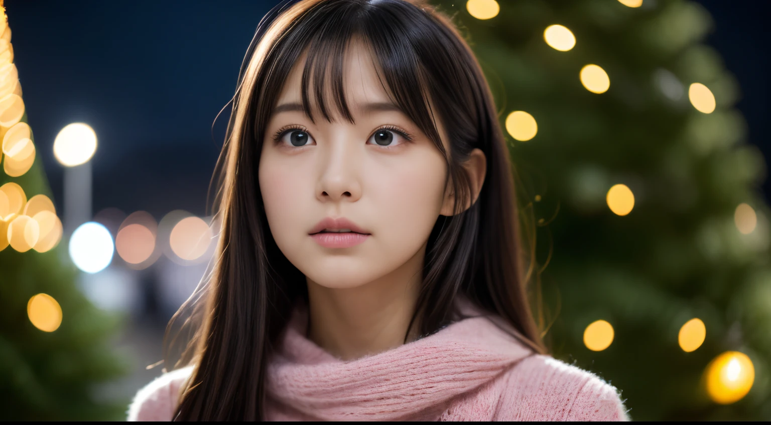 1girl in, 13years、Gravure model for Japan, (cute little, a beauty girl,profile:1.2),Profile 1.1、Modest big,  𝓡𝓸𝓶𝓪𝓷𝓽𝓲𝓬,(Beautiful Christmas night view and snow:1.2), (Looking up at the big Christmas tree:1.5)、(A night town with beautiful Christmas illuminations:1.2), (fluffy pink wool sweater:1.2),  red scarf, (Green Plaid Pleated Skirt),   A dark-haired、pray、Pensive、 Best Quality, hight resolution, Detailed skin, Detailed face and eyes, Hi-Res, Natural lighting, Perfect Anatomy, Physically-based rendering, Photorealistic, symmetric clear eyes, Well-groomed face,Teenage girl, Perfect figure, Transparency, hposing Gravure Idol,