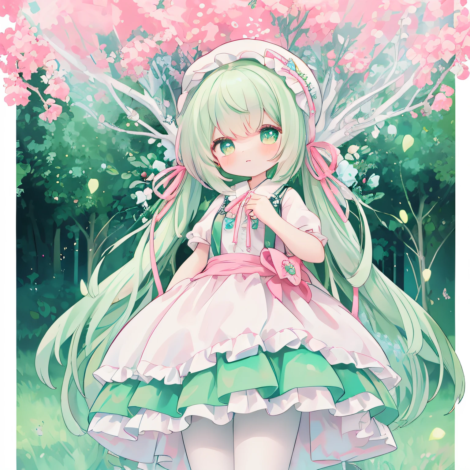 (1 rapariga: 1.3)、BREAK,(Chibi:1.1) 、 (white and light green theme:1.4), ((Gothic lolita, classic and cute fashion):1.2), (Light green classic bonnet on the head:1.4), (Fusion of light green jumper skirt and white blouse:1.5), (lightgreen (overall skirt,  jumper skirt) With white frills:1.4), (A large light green ribbon on the skirt:1.4), ((Short sleeves, Bishop Sleeve):1.3), (crinoline:1.2), (Oversized multilayer skirt with ruffles:1.3), (White pantyhose:1.2), (Place multi-layered white ruffles on the front of the skirt。。:1.3),
BREAK (The pink skirt has fine embroidery.:1.4), (lowfers:1.1),
,Thick wool gown:0.3