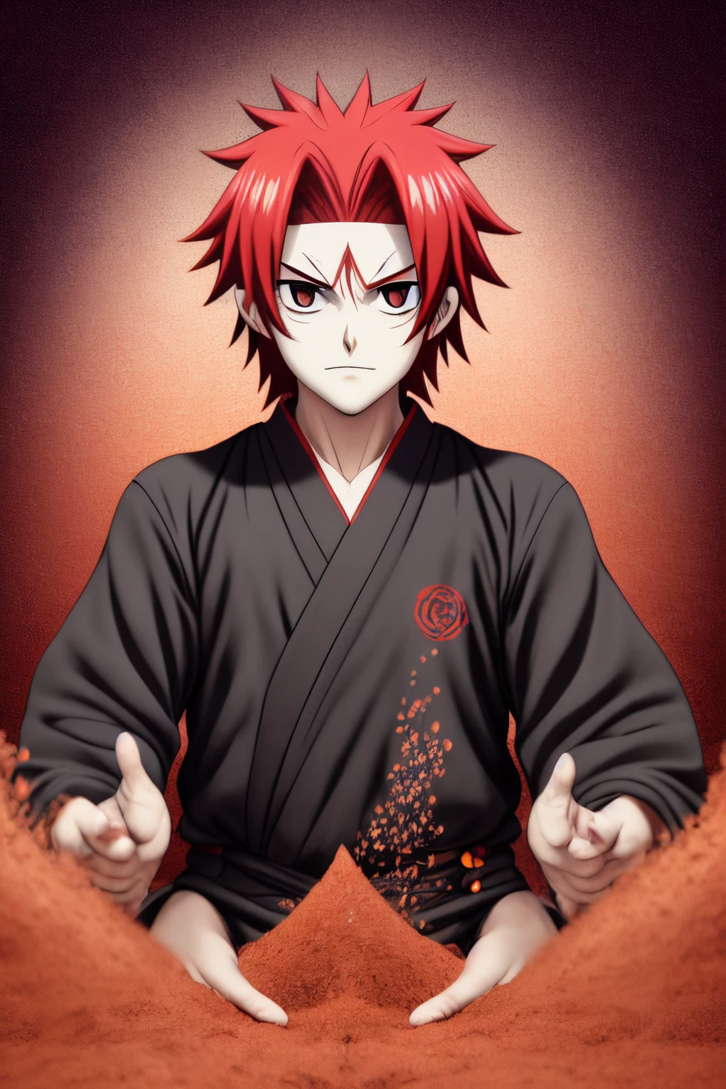 Anime character with red hair and black kimono - SeaArt AI