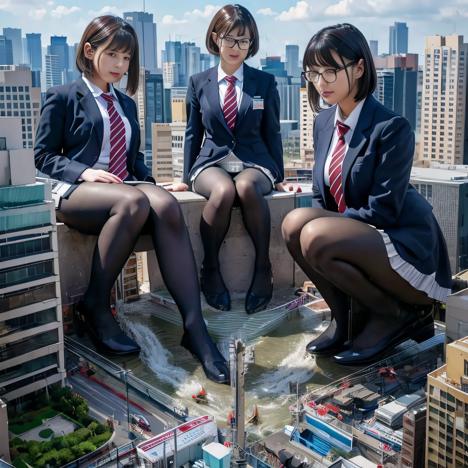 Multiple girls, giantess art, a hyperrealistic , , highly detailed giantess shot, der riese, Shorthair, Black pantyhose, Giant high school girl much bigger than a skyscraper。Wearing rimless glasses。Colossal 。Navy blue blazer、Red tie、Mini Length Skirt、Black pantyhose、I'm not wearing shoes.。very small metropoliiniature metropolis。In a miniature metropolis just a few feet tall.、squatting and urinating。Urine Falls。torrent of urine。sea of urine。Small trains and cars are washed away with urine.。Full body depiction。nffsw, der riese, Black pantyhose, Pantyhose legs, Pantyhose feet, ,Stomping City,crash city,Small town,micro city, Peeing,