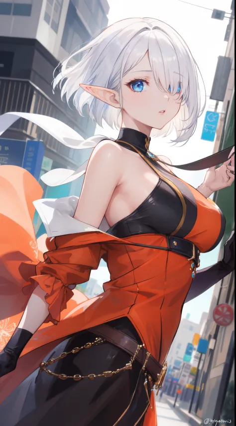 masterpiece,(bestquality),highlydetailed,ultra-detailed, a elf woman posing on the street corner with orange dress on, best quality, (elf), 1girl, big breast, day, bright, (depth of field:1.3), (blurry background:1.1), outdoor, (street:0.8), (people, crowd...