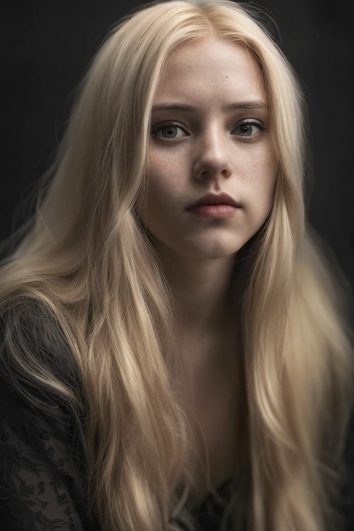 Editorial photo of a 23-year-old woman with long blonde hair), (The face  very detailed:1.4) (ssmile:0.7) (Dark inside the background, moodiness, Private learning:1.off, by Lee Jeffries, Nikon D850, Movie stock photo ,4 ending portra 400 ,Camera f1.6 shots ,plethora of colors ,hyper realisitc ,The texture  realistic, dramatic lights , film alembic 800, and heavy women, 比基尼，The point  hers，