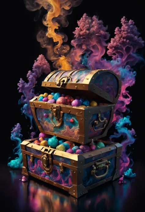 photorealistic movie still of a water, treasure chest, smoke, no humans, black background, liquid, gradient background, 10k high...