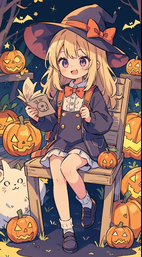 Cute Halloween Theme、full body Esbian、A smile、 The Wand and the Magic Book、Glamorous Hat、Halloween Accessories、Draw clothes buttons and pockets in a Halloween style、Cute shoes、sit a chair、bio luminescent、radiant light