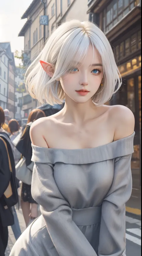 (masterpiece),(bestquality),(highly detailed),(ultra-detailed), a elf woman posing on the Medieval street corner with orange dress on, best quality, (elf), 1girl, big breast, day, bright, (depth of field:1.3), (blurry background:1.1), outdoor,  (street:0.8...