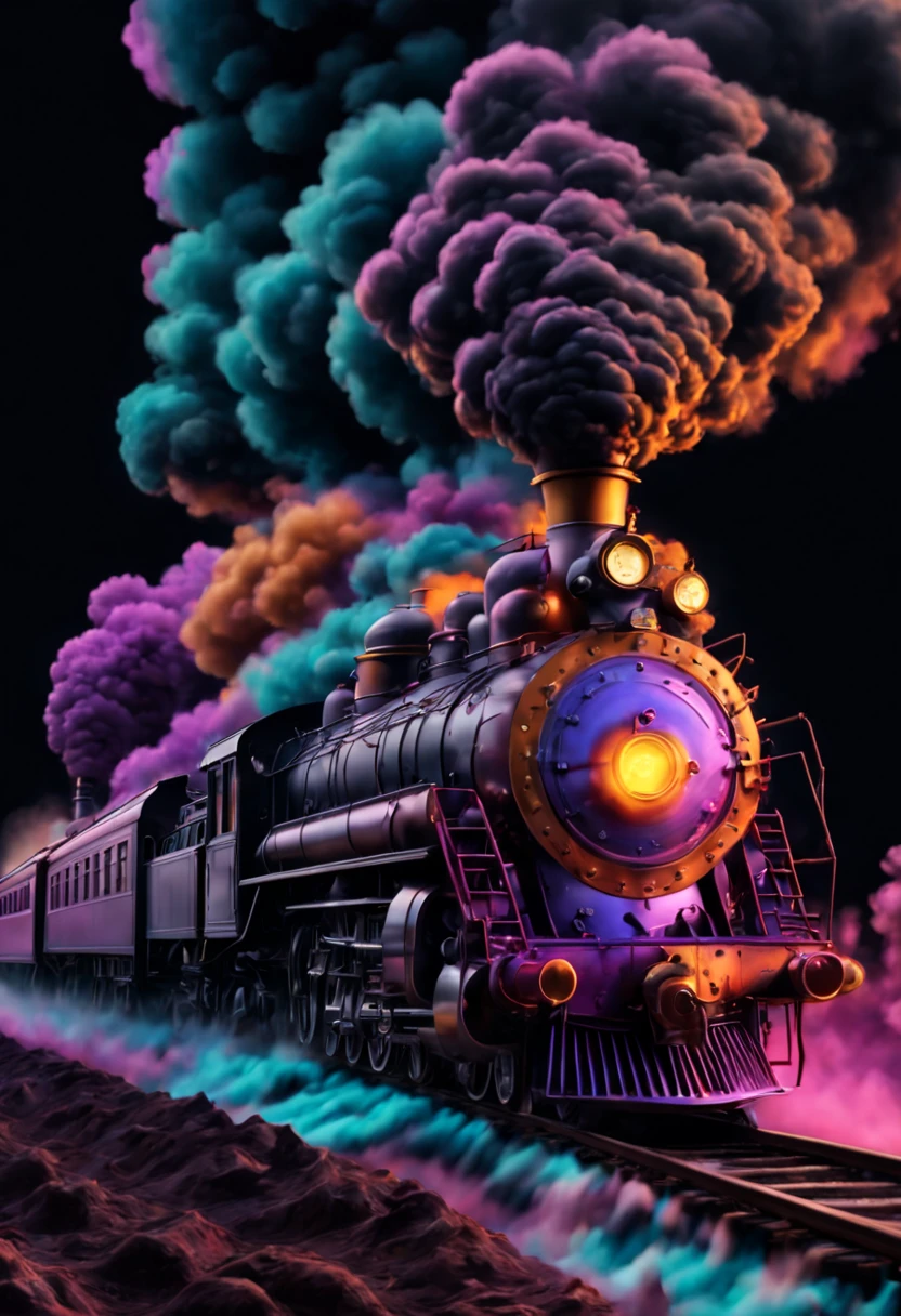 photorealistic movie still of a water, Steam Train, smoke, no humans, black background, liquid, gradient background, 10k high resolution, psychedelic trip,