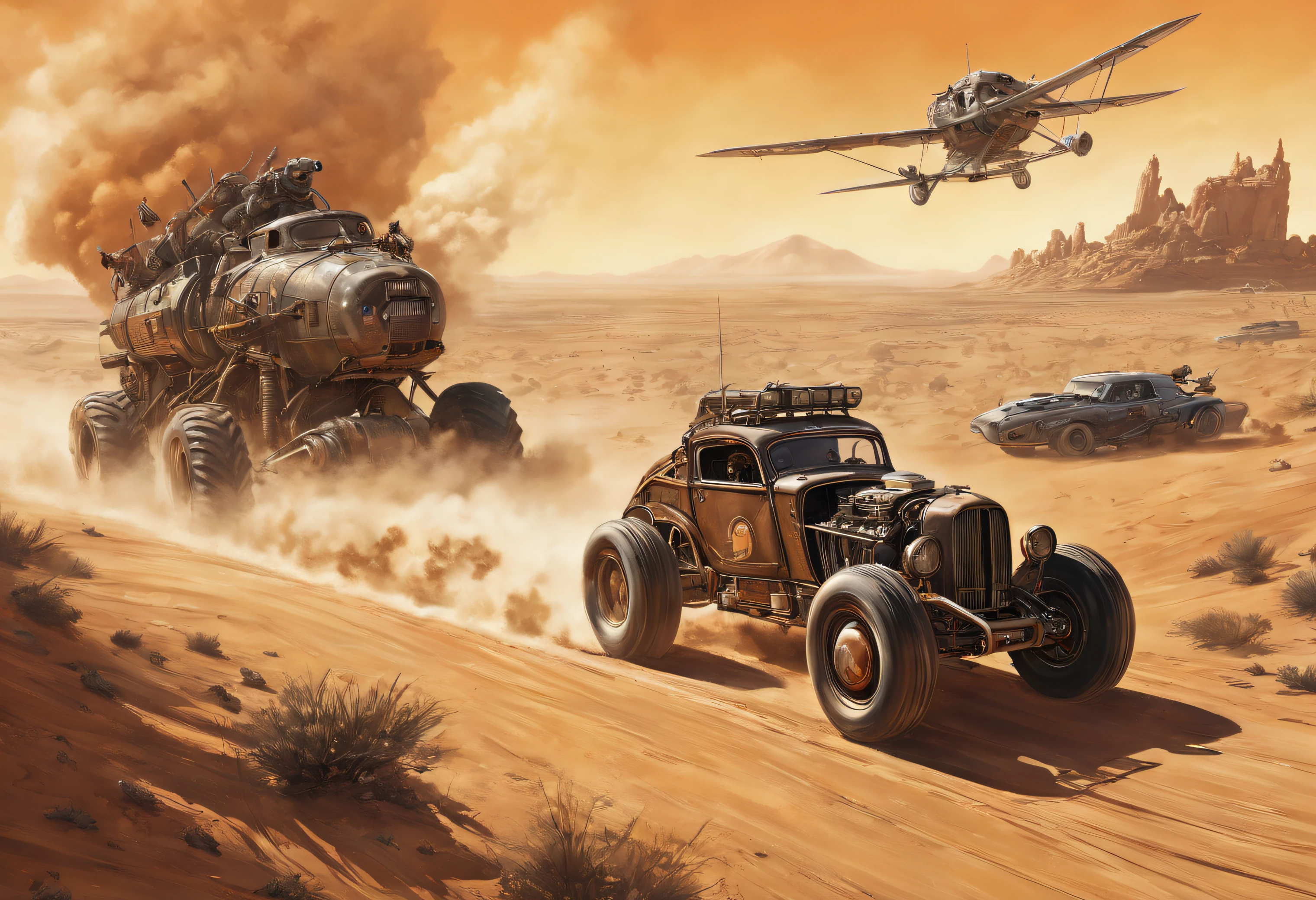 retrofuturism, dieselpunk, mad max, desert, monster trucks, attack, boarding, gunfire, many explosions, jump ahead, dust from wheels, sidecar motorcycles, high speed pursuit, many objects in frame, ultra detail overall, panoramic plan, epic battle,