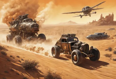 retrofuturism, dieselpunk, mad max, desert, monster trucks, attack, boarding, gunfire, many explosions, jump ahead, dust from wh...