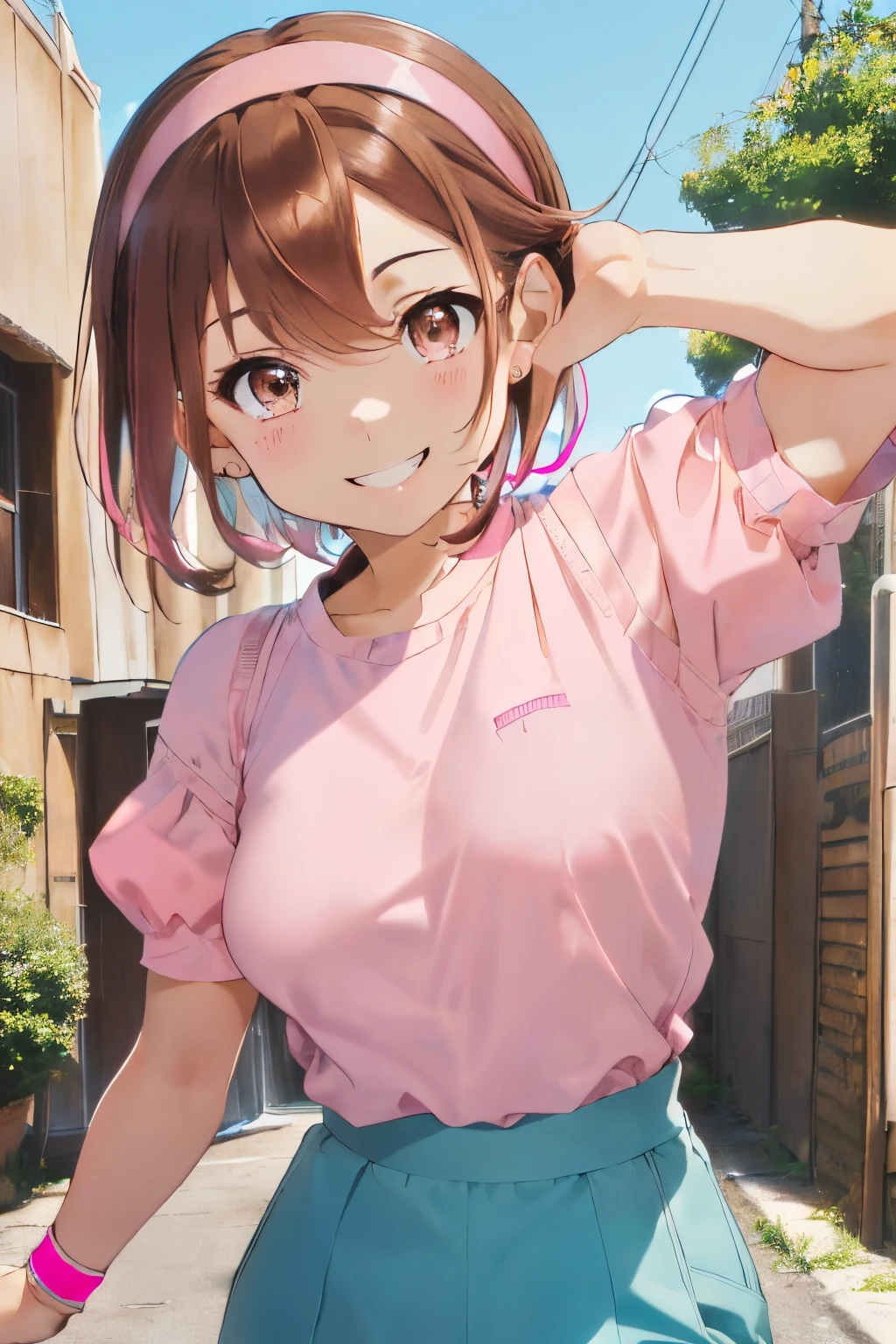 ((Brown hair)),((Brown eyes)),((Straight short hair)),I look at you with a gentle smile,((pink hairband)),((Puff sleeve short sleeve clothes)),(The sleeve is cream colored),((Pink tops)),(turquoise chino pants),((light blue wristband)),(Martial faction),Slight red tide,((Fighting pose with a big smile)),Large areas such as outdoor training grounds,