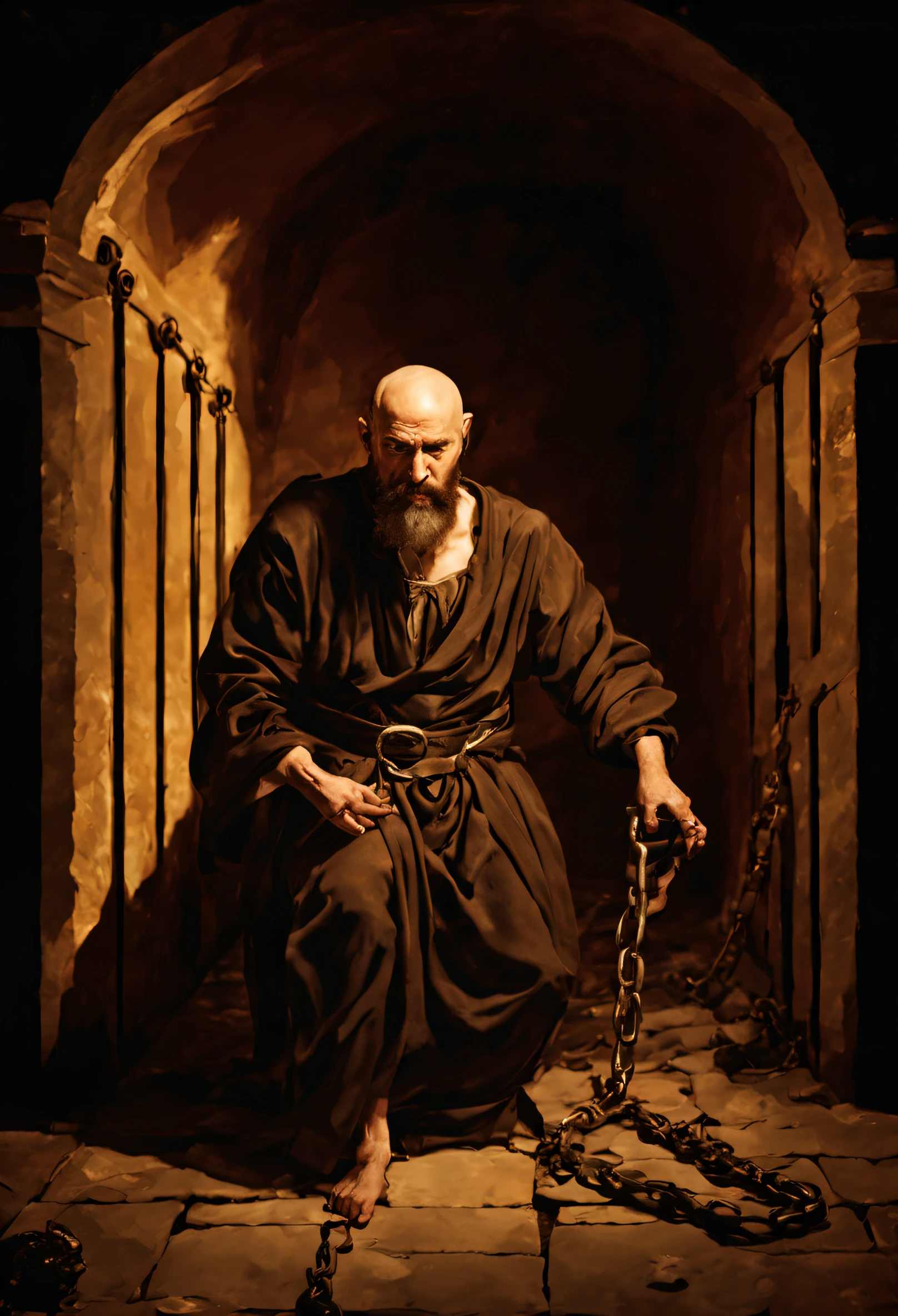 ein kahlköpfiger Mann, bärtiger Mann mit langen, zerrissene Kleidung, liegt in Ketten gefesselt am Boden einer Zelle in einer alten Zelle in Jerusalem, sehr verletzt und blutend, atemberaubend, lebendiges und kunstvolles Meisterwerk, Caravaggio, 8k