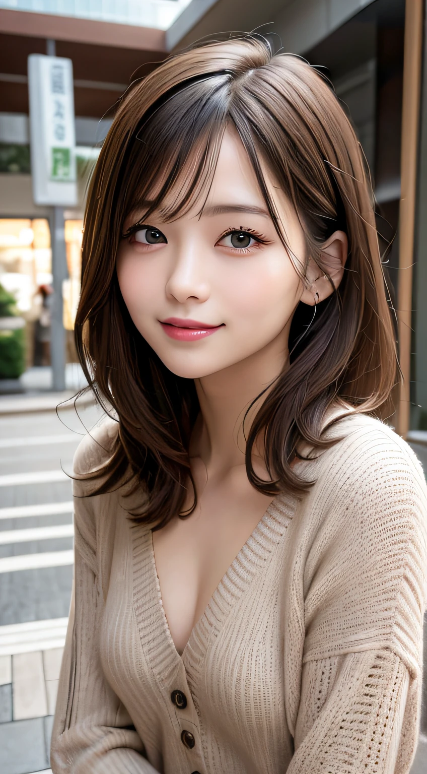 masutepiece, Best Quality, Illustration, Ultra-detailed, finely detail, hight resolution, 8K Wallpaper, Perfect dynamic composition, Beautiful detailed eyes, Winter casual wear,Medium Hair,tiny chest、Natural Color Lip, Bold sexy poses,Smile,Harajuku、20 years girl、Cute、Sexy shot looking at camera