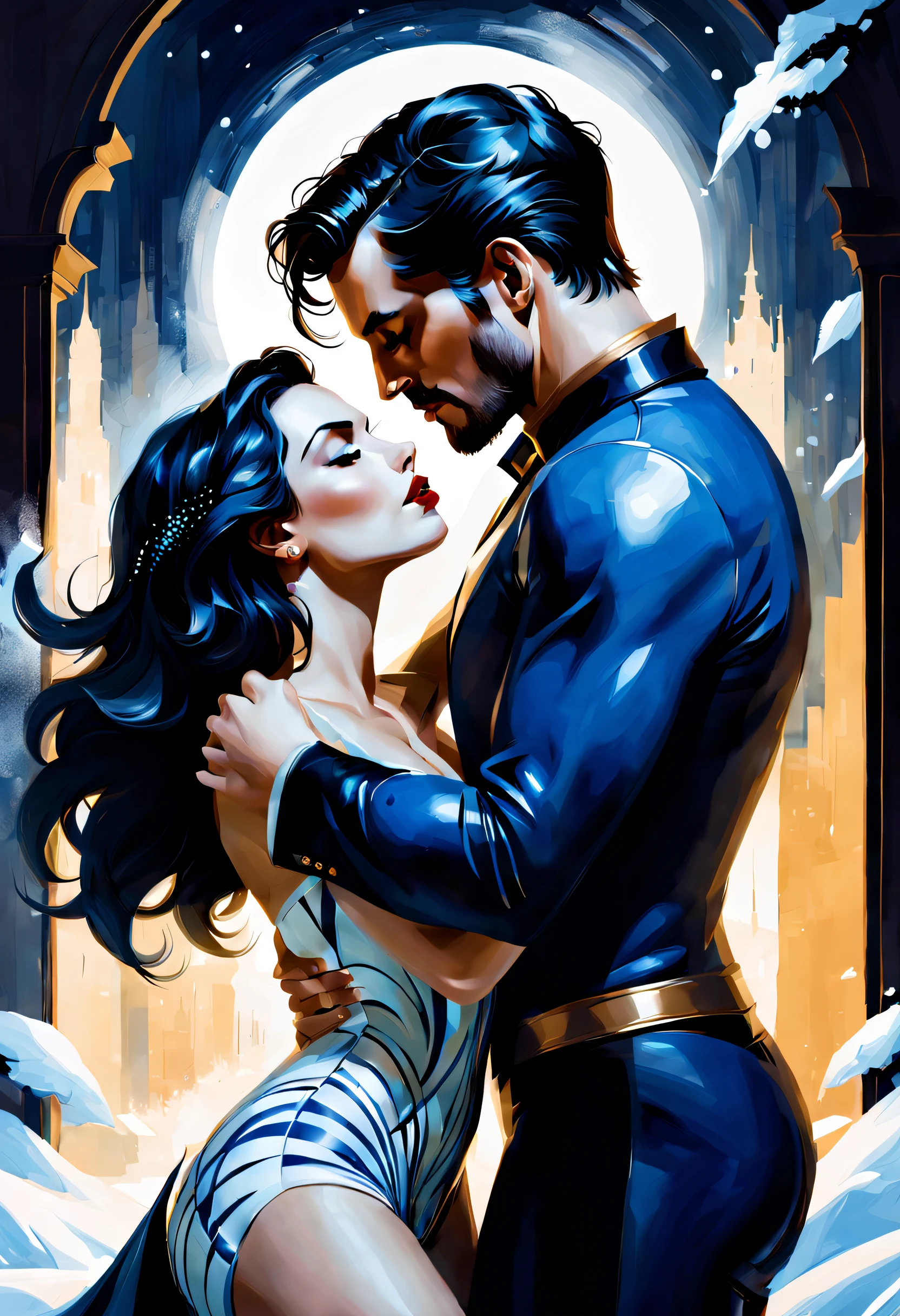 A snowy, whimsical fantasy scene with an super  sexy hero suit. The image  primarily composed of white, black, and royal blue colors. The artwork  created with abstract shapes and lines, resembling brush strokes. It has a poster art feel to it. The main focus of the scene  a couple engaged in a passionate kiss. The lighting and shadows play a crucial role in enhancing the mood of the artwork. The style of the image  influenced by the works of Malcolm Liepke, known for his dynamic and expressive paintings. seductive studio setting with a focus on sensuality and romance. Utilize soft, warm lighting that bathes the space in a gentle, inviting glow. Incorporate luxurious fabrics, plush furnishings, and a touch of decadence to evoke an opulent ambiance. The scene should exude an air of serenity and anticipation, inviting the viewer into a  and romantic space. The key  to emphasize elegance, beauty, and the allure of the studio environment while maintaining a tasteful and artistic approach.