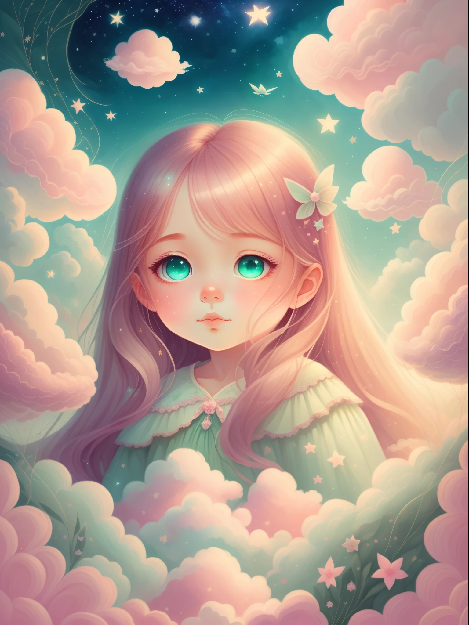 (Best quality,4K,8K,A high resolution,tmasterpiece:1.2),ultra - detailed,(actual,realistically,realisticlying:1.37),Dreamy sky,Sleeping Beauty,Fluffy clouds,As estrelas,light colors hair,Bushy hair,strands,illuminations,fairy tale painting,Amazing artwork,Luminous illumination,Enchanting art,amazing art,inspiring art,magnificent work of art,beautiful light up