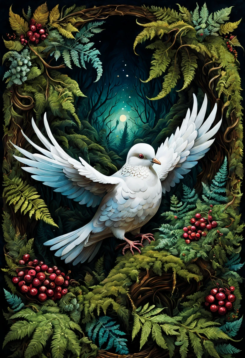 centered, triadic colors, best quality, a close up highly detailed Dove, moss, ferns, rowanberries, highly detailed glittering scales, by Craola, Dan Mumford, Andy Kehoe, 2d, flat, cute, adorable, vintage, art on a cracked paper, fairytale, storybook detailed illustration, cinematic, ultra highly detailed, tiny details, beautiful details, mystical, luminism, vibrant colors, complex background,more detail XL