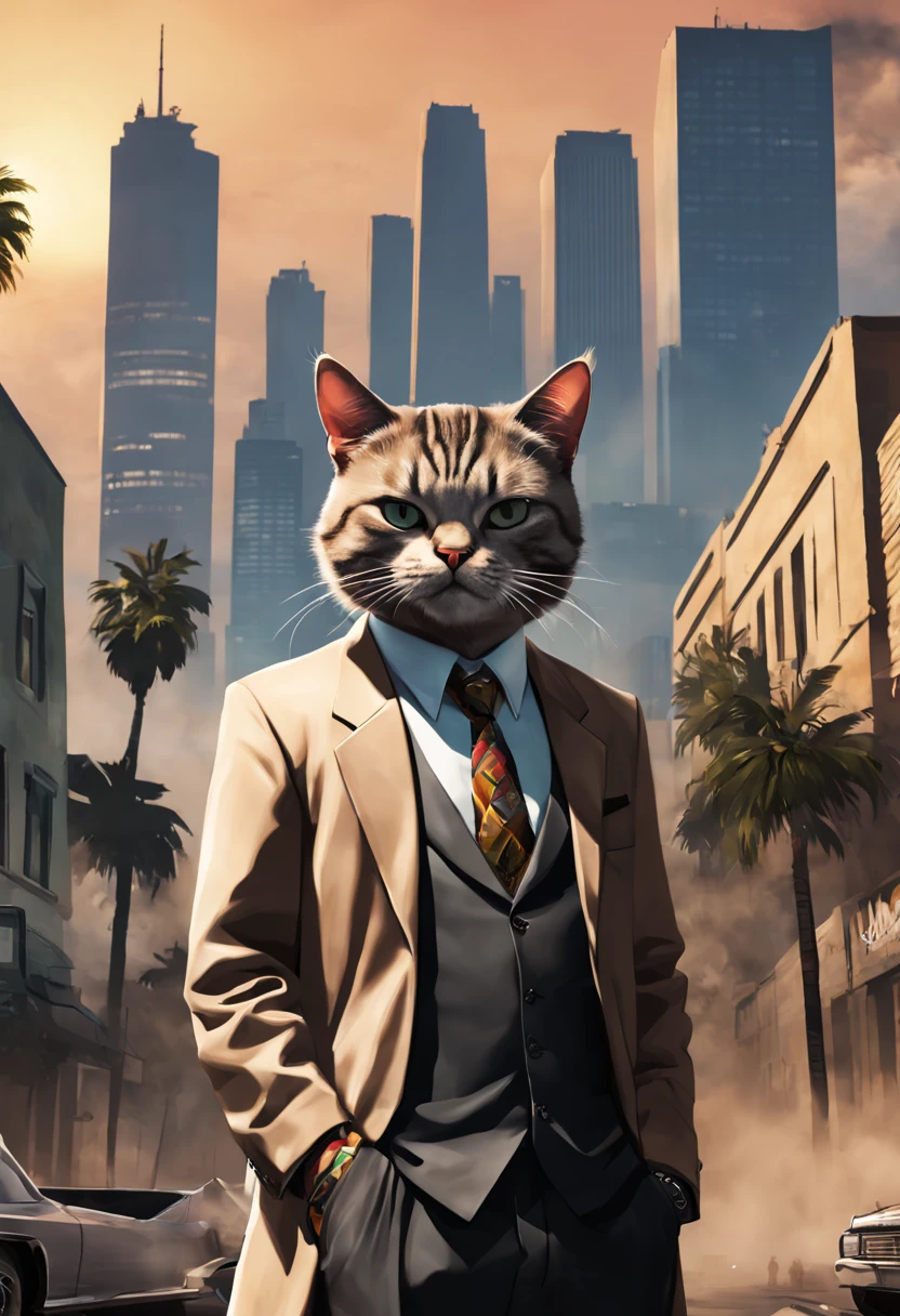 cute JK girl, majestic terrifying,  GTA Vice city poster , city scape, dynamic background