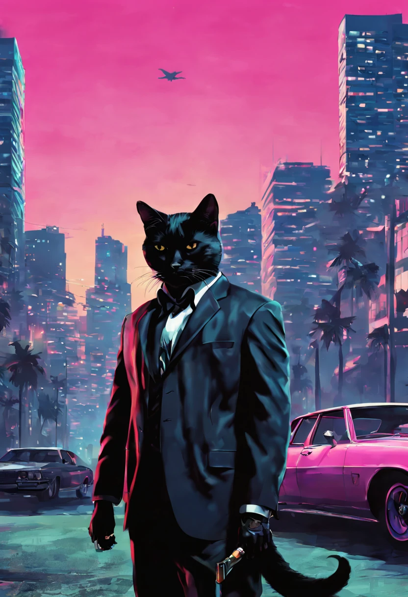 cute JK girl, majestic terrifying,  GTA Vice city poster , city scape, dynamic background