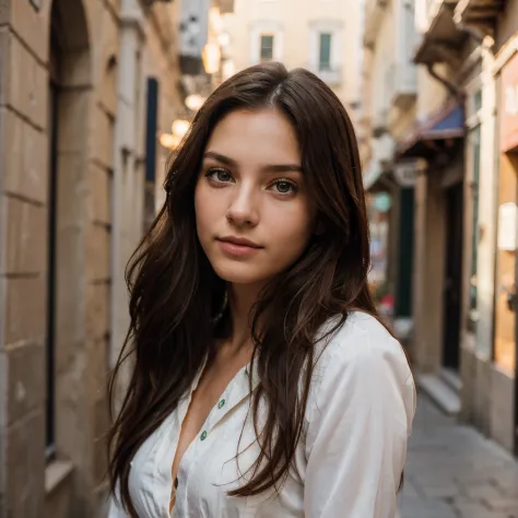 best quality, masterpiece, (realistic: 1.2), 20-year-old Italian woman, fit body, modern style, detailed face, detailed eyes, green eyes, thin lips, long dark wavy brunette hair detailed, happy expression, detailed skin, (look at the viewer, dramatic, vibr...