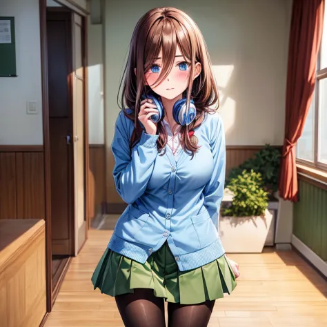 brown-haired schoolgirl、green skirt、light blue cardigan、semi-long hair、blue headphones on neck、black pantyhose、brown loafers、red...