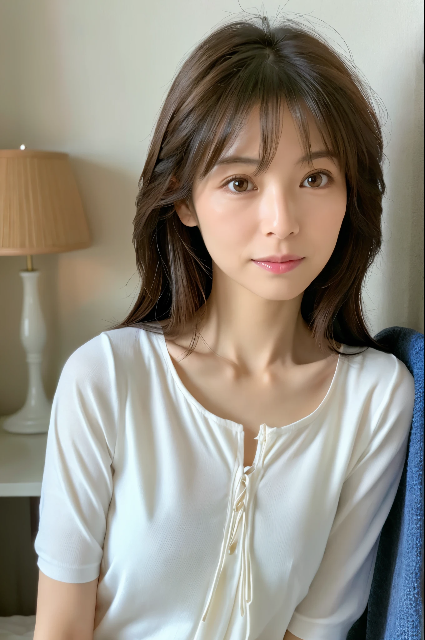 (High reality photograph, high resolusion, detailed face, detailed eyes) Skinny Japanese lady, 40 years old, cute face, solo:1, lovely body, skinny figure, middle breasts, various hair style, white blouse with emphasizing very thin waist, sitting on a bed, full-body phot