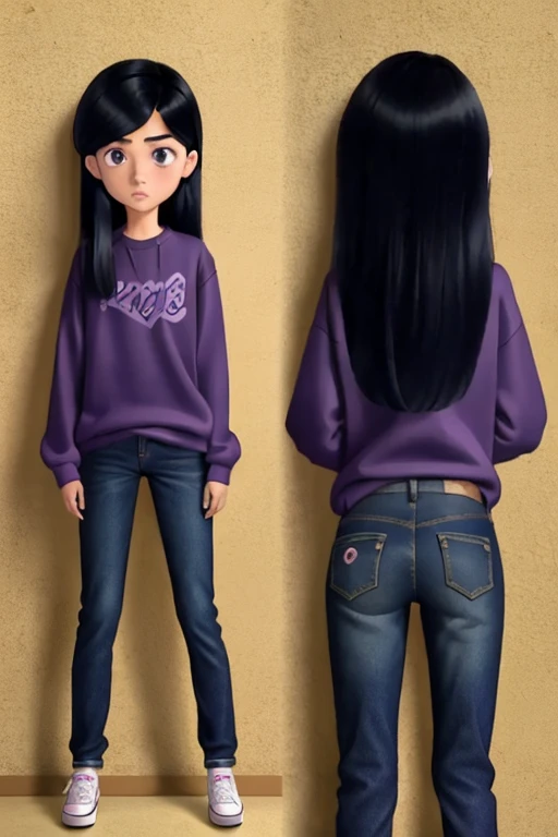 masterpiece,best quality, , 1girl, solo, VioletParr purple sweatshirt, (short jeans), butt, sneakers, hair over one eye, looking at viewer, long black hair, shy, nsfw, pee
