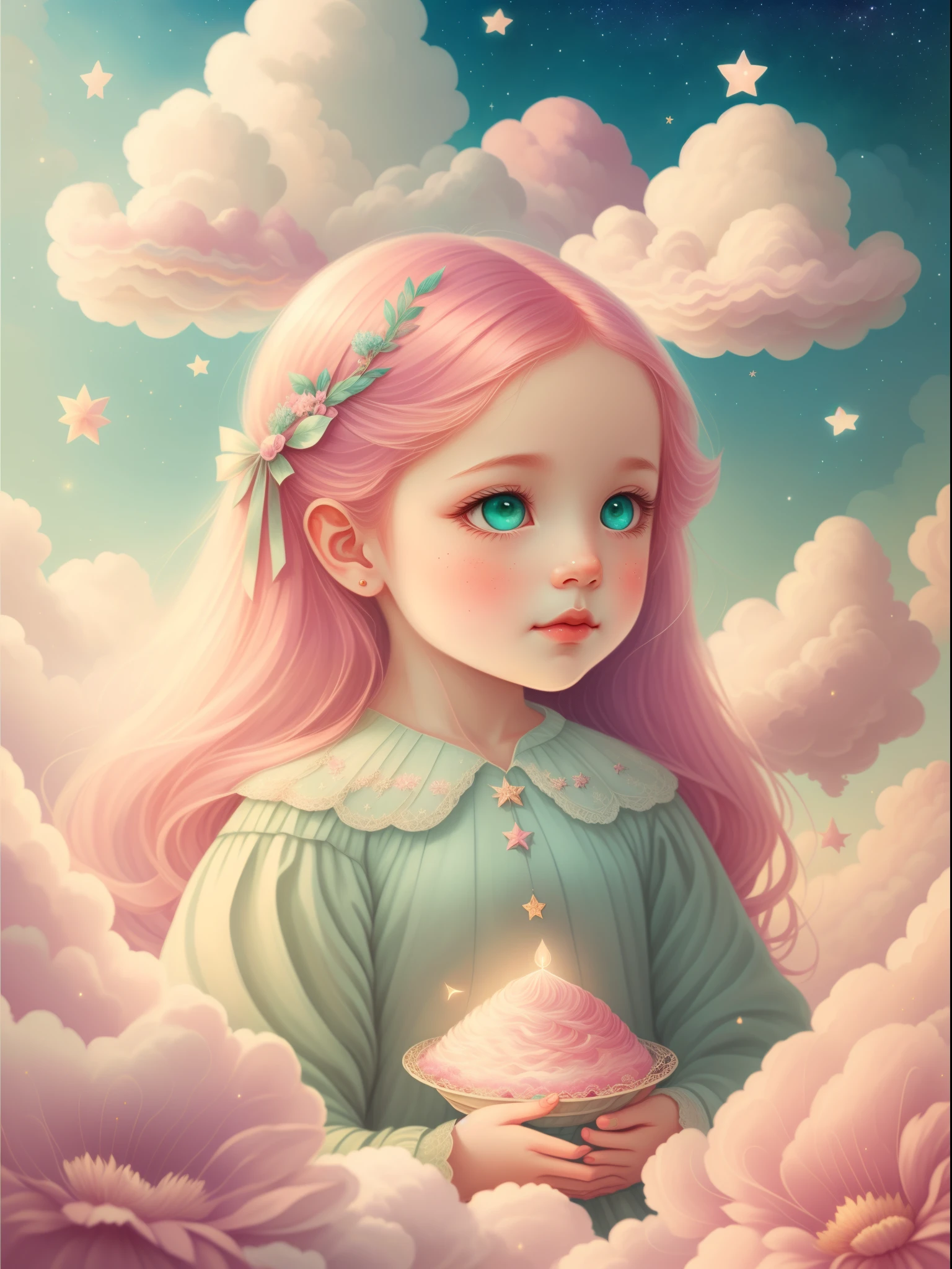 (Best quality,4K,8K,A high resolution,tmasterpiece:1.2),ultra - detailed,(actual,realistically,realisticlying:1.37),Dreamy sky,Sleeping Beauty,Fluffy clouds,As estrelas,light colors hair,Bushy hair,strands,illuminations,fairy tale painting,Amazing artwork,Luminous illumination,Enchanting art,amazing art,inspiring art,magnificent work of art,beautiful light up