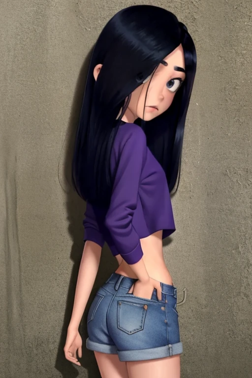 masterpiece,best quality, , 1girl, solo, VioletParr purple sweatshirt crop top, (short jean), butt, sneakers, hair over one eye, looking at viewer and face the wall, long black hair, shy, nsfw, pee