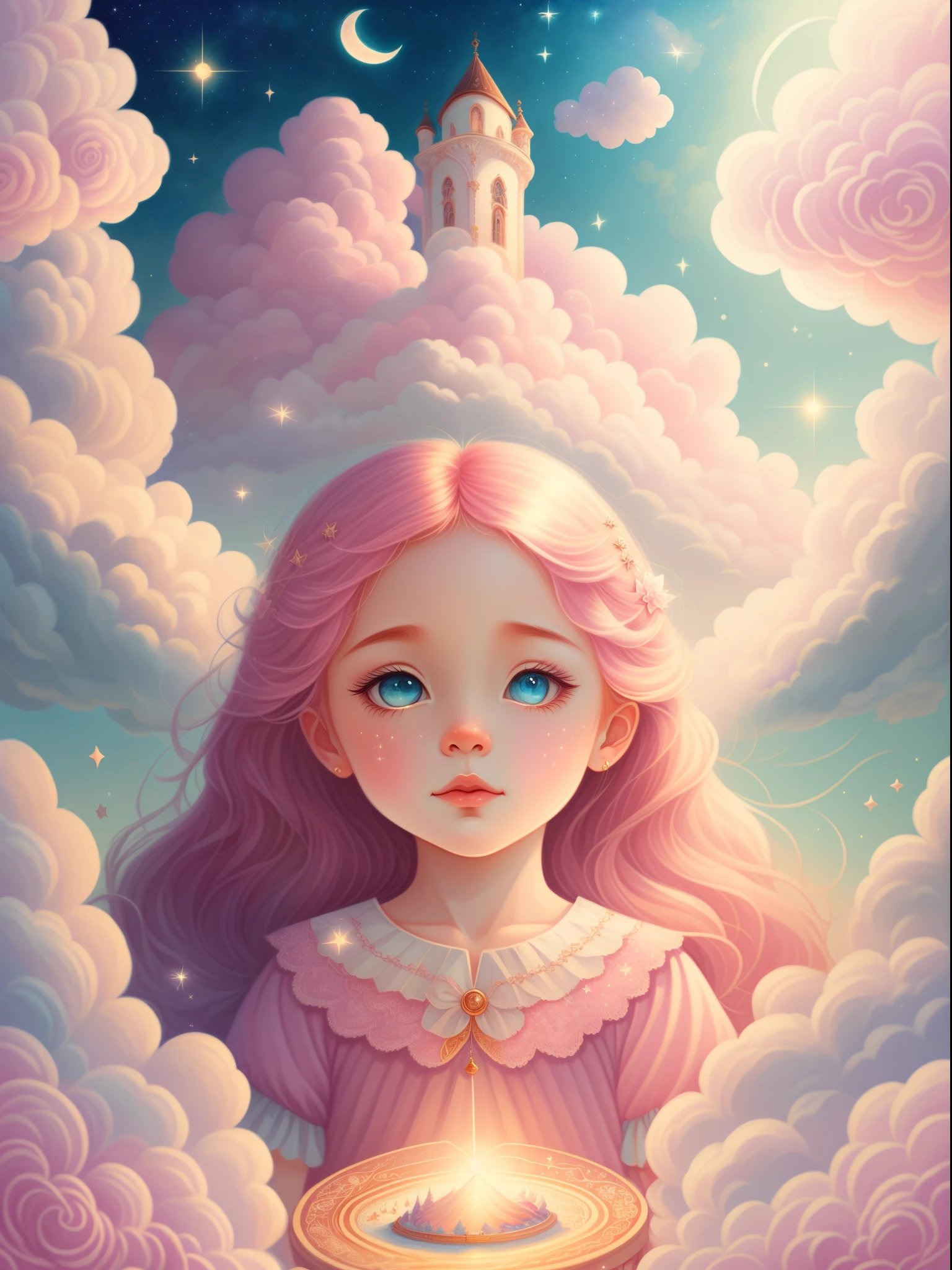 (Best quality,4K,8K,A high resolution,tmasterpiece:1.2),ultra - detailed,(actual,realistically,realisticlying:1.37),Dreamy sky,Sleeping Beauty,Fluffy clouds,As estrelas,light colors hair,Bushy hair,strands,illuminations,fairy tale painting,Amazing artwork,Luminous illumination,Enchanting art,amazing art,inspiring art,magnificent work of art,beautiful light up