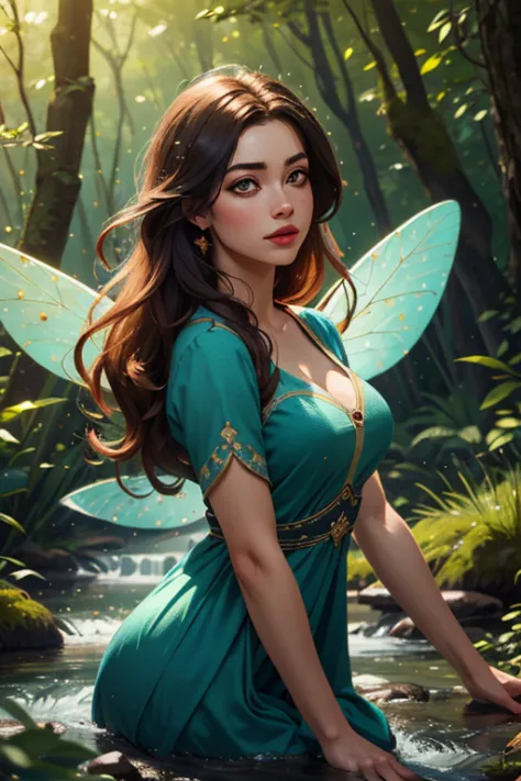 (masterpiece, best quality), photo of a woman, ultra realistic, beautiful, forest, fairy, bokeh, stream, vibrant lighting