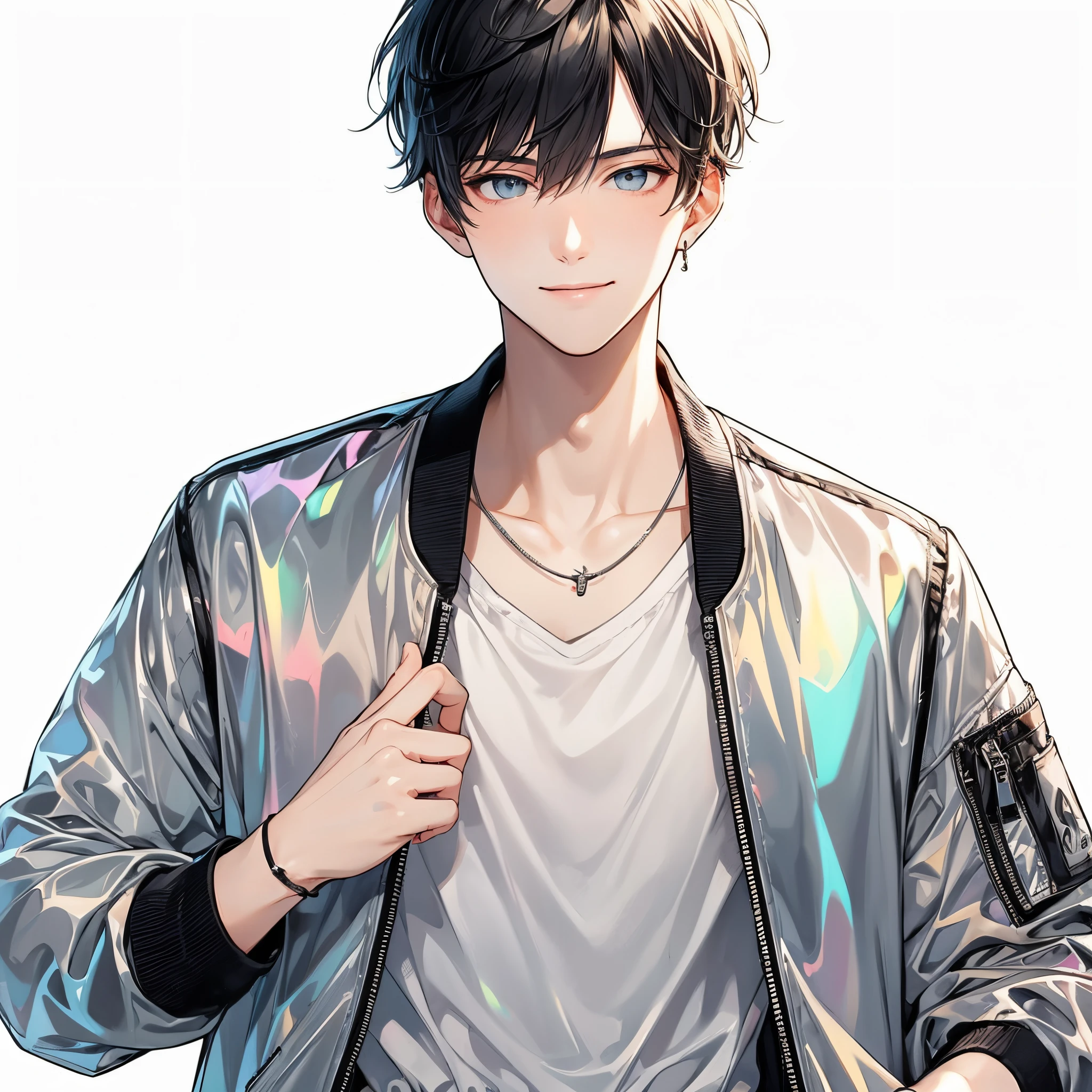 alta calidad, cantidad de dibujo, ilustración pixiv, Chaqueta de PVC, chaqueta aurora, hermoso joven, pelo negro, cabello corto, tela de aurora, artículo de holograma,aurora seat jacket, camiseta blanca, Vaqueros gris claro, Pose decisiva, Fondo blanco, Una sonrisa refrescante