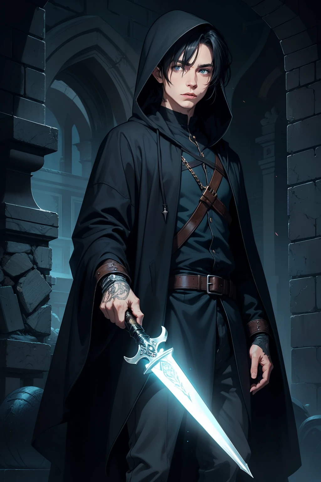 Mann geheimnisvoll Elf Assassine arkaner Trickster Schurke dunkle Robe mit Kapuze, blaue Augen, kurze schwarze Haare, mit einem Dolch, einen Zauber wirken