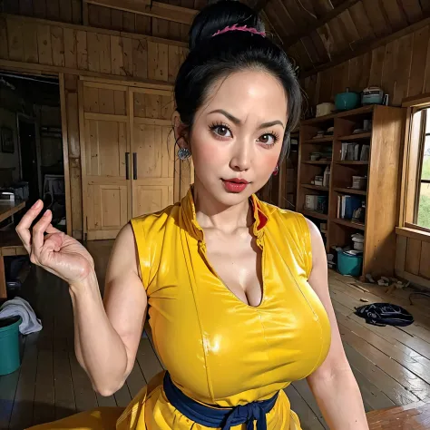 (masterpiece:1.1, Best Quality:1.1, 32K HDR, High resolution), (1girl in, Solo), (Ultra-realistic portrait of Chichi(older):1.1, Dragon ball Z, mature Chichi, milf), black hair, updo hair, Dango hair, ((yellow China dress, Chinese fighting uniform)), gigan...