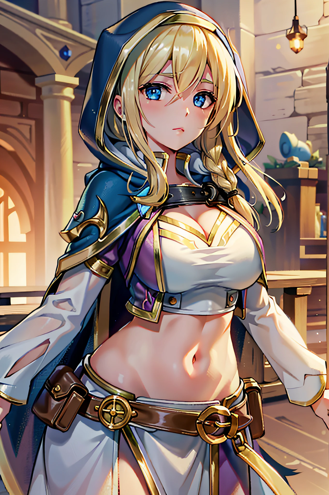 Jaina proudmoore, 1 girl, solo, long hair, breasts, blonde hair, large breasts, navel, midriff, hood, cape, armor,