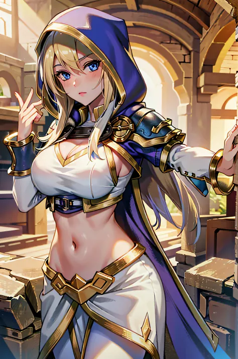 jaina proudmoore, 1 girl, solo, long hair, breasts, blonde hair, large breasts, tummy, hood, cape, armor,