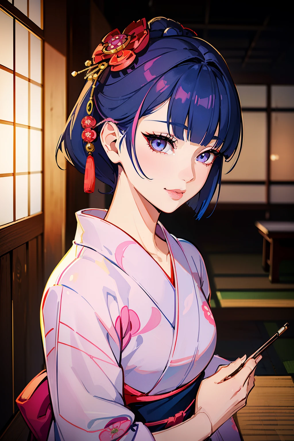 (high-quality, breathtaking),(expressive eyes, perfect face) (((yukata, sexy lips)), 1girl, female, solo, young adult, pale dark blue hair, pink coloured eyes, stylised hair, gentle smile, short length hair, loose hair, side bangs, japanese clothing, elegant, soft make up, hair pin accessory in hair, oiran, demon slayer art style